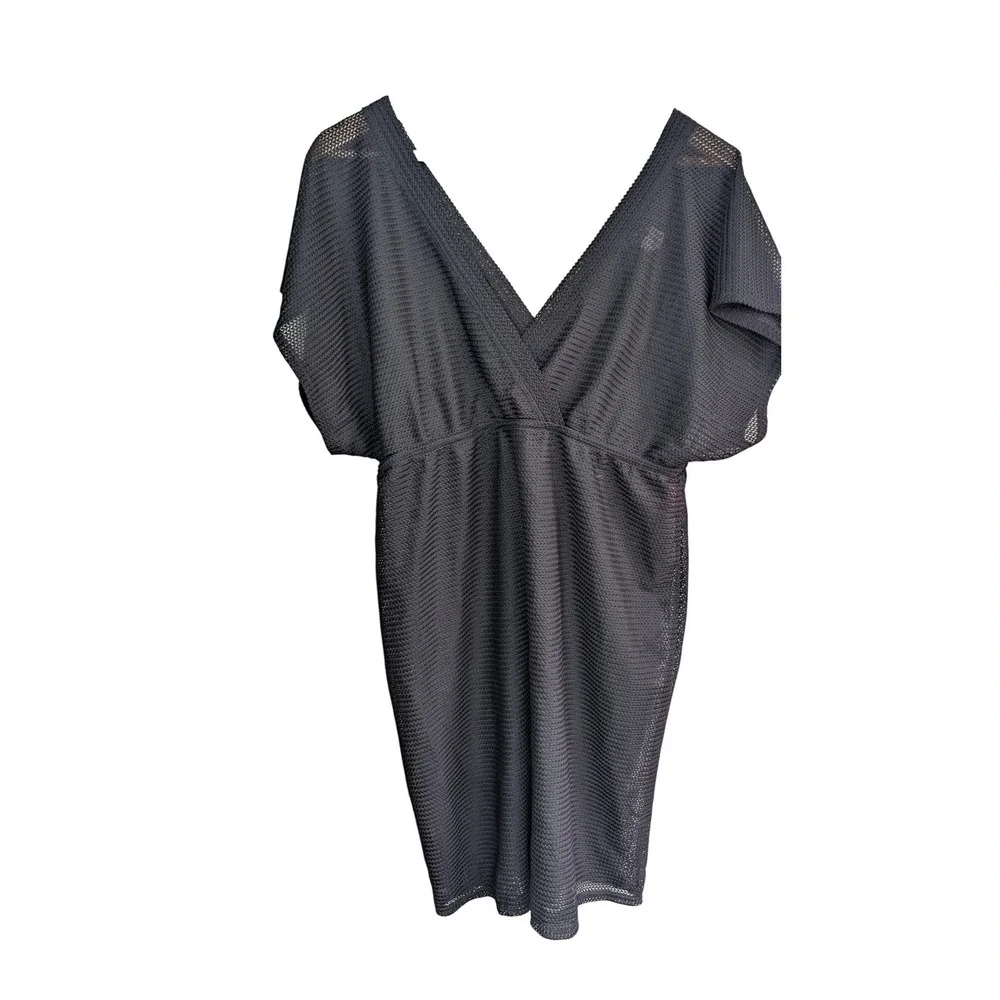 JORDAN TAYLOR Black Mesh Sheer Cover Up Dress Womens L V-Neck Swim Resort‎
